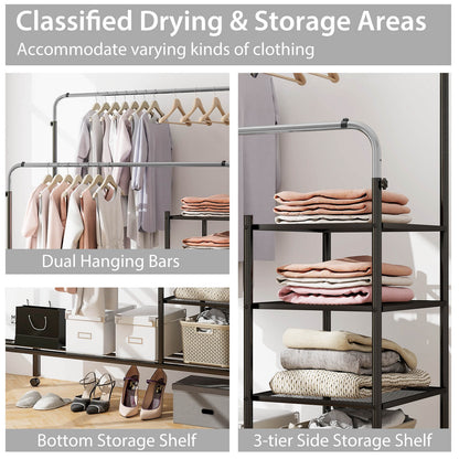 Rolling Clothes Drying Rack with 2 Adjustable Hanging Bars-Black &amp; Silver