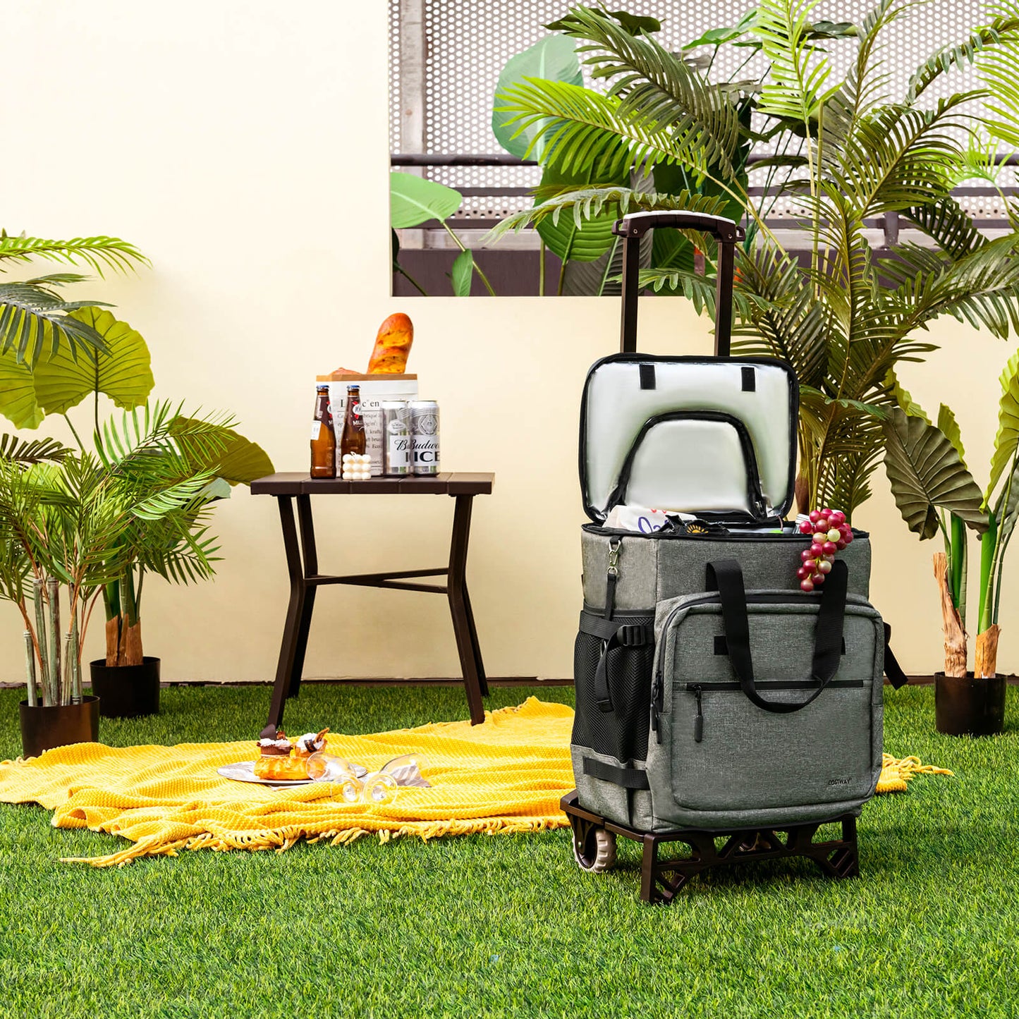 50-Can Large Rolling Cooler with Adjustable Handle and Bottom Plate-Gray