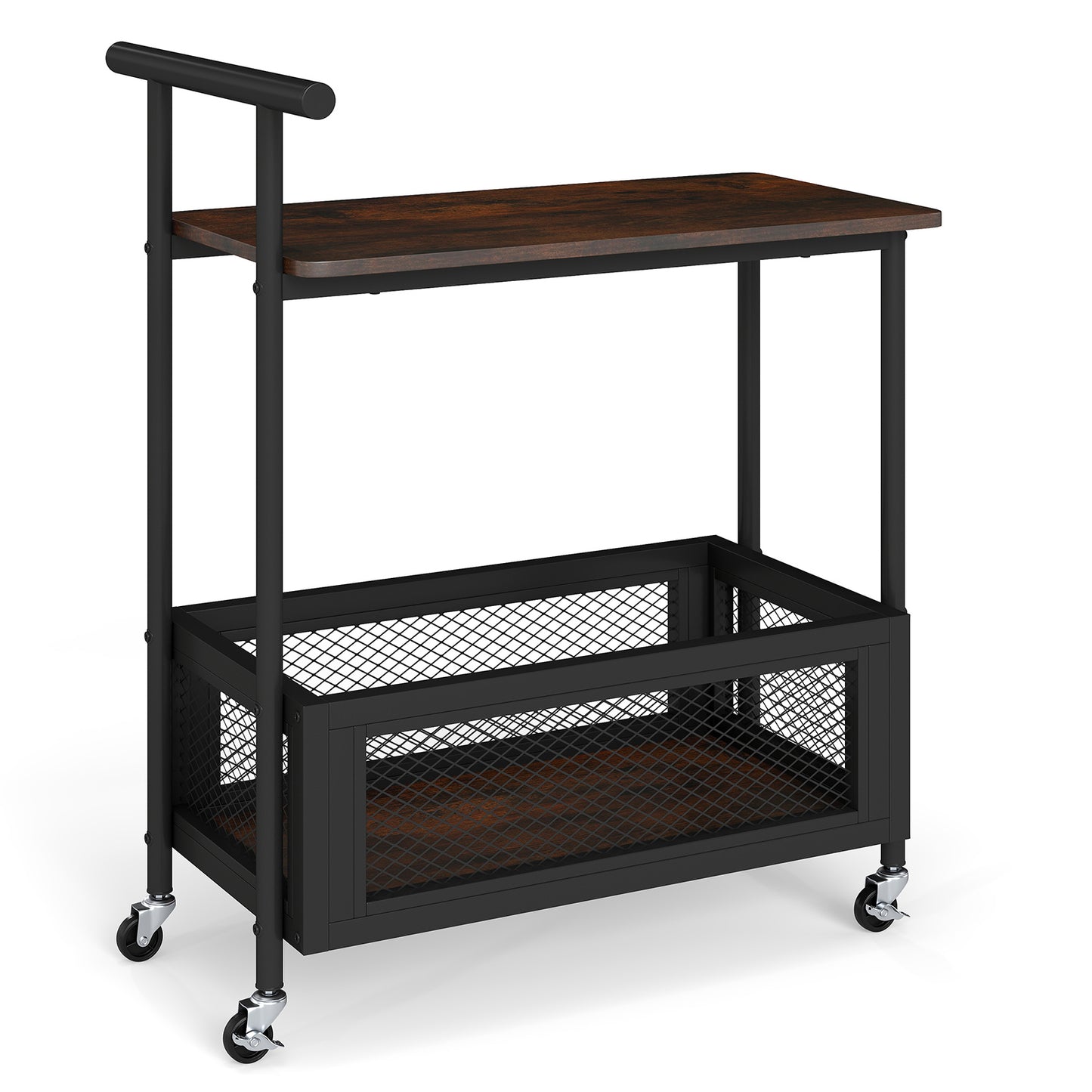 Rolling End Table with Handle 2-Tier Sofa Side Table with Open Shelf-Rustic Brown