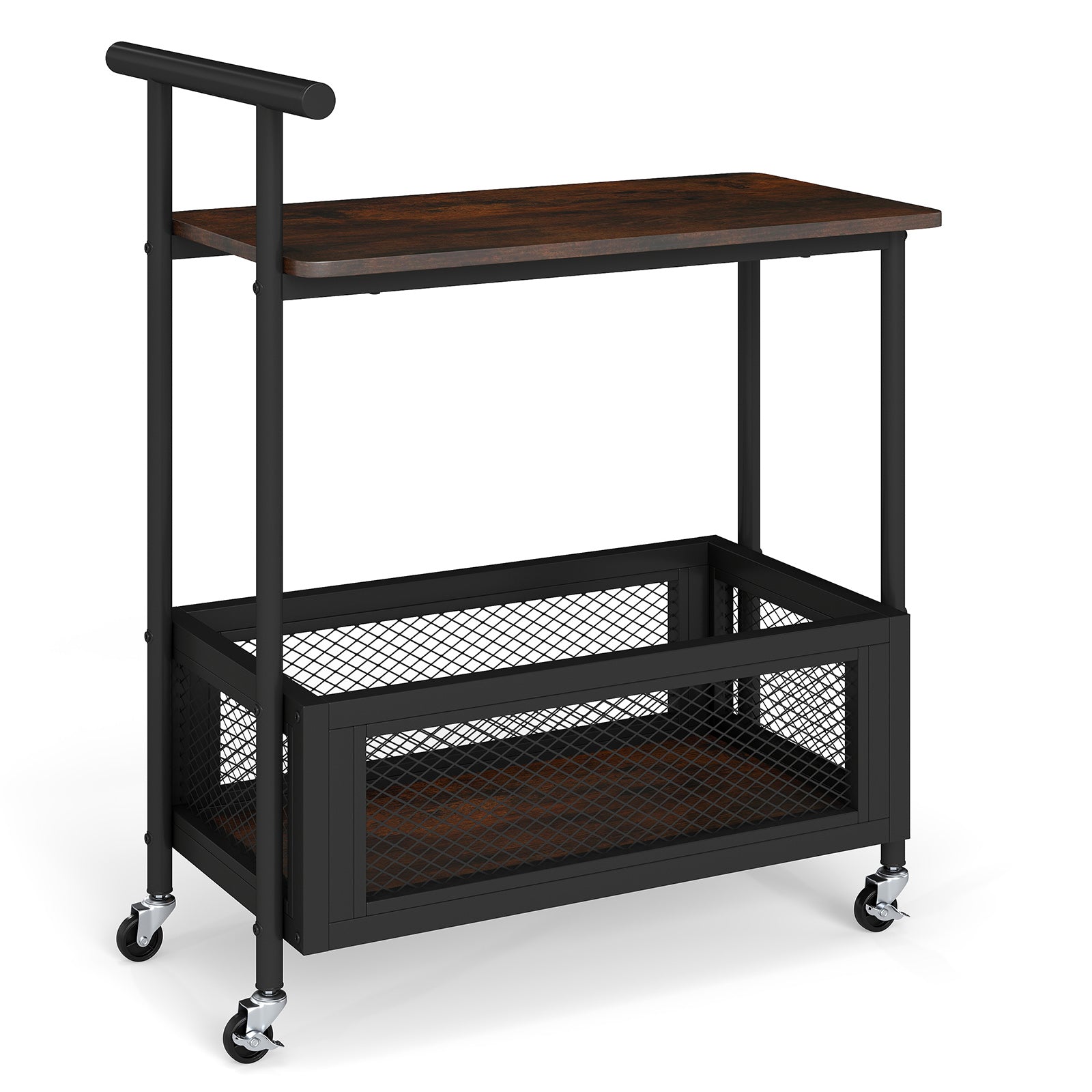 Rolling End Table with Handle 2-Tier Sofa Side Table with Open Shelf-Rustic Brown