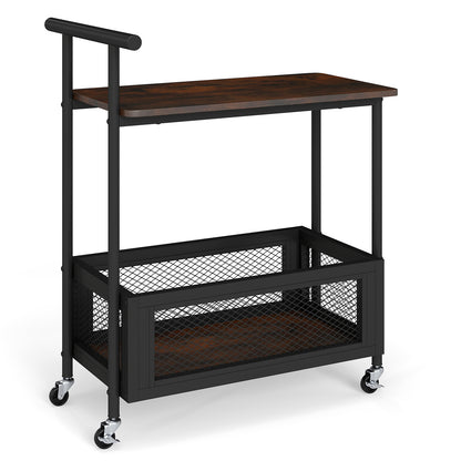 Rolling End Table with Handle 2-Tier Sofa Side Table with Open Shelf-Rustic Brown