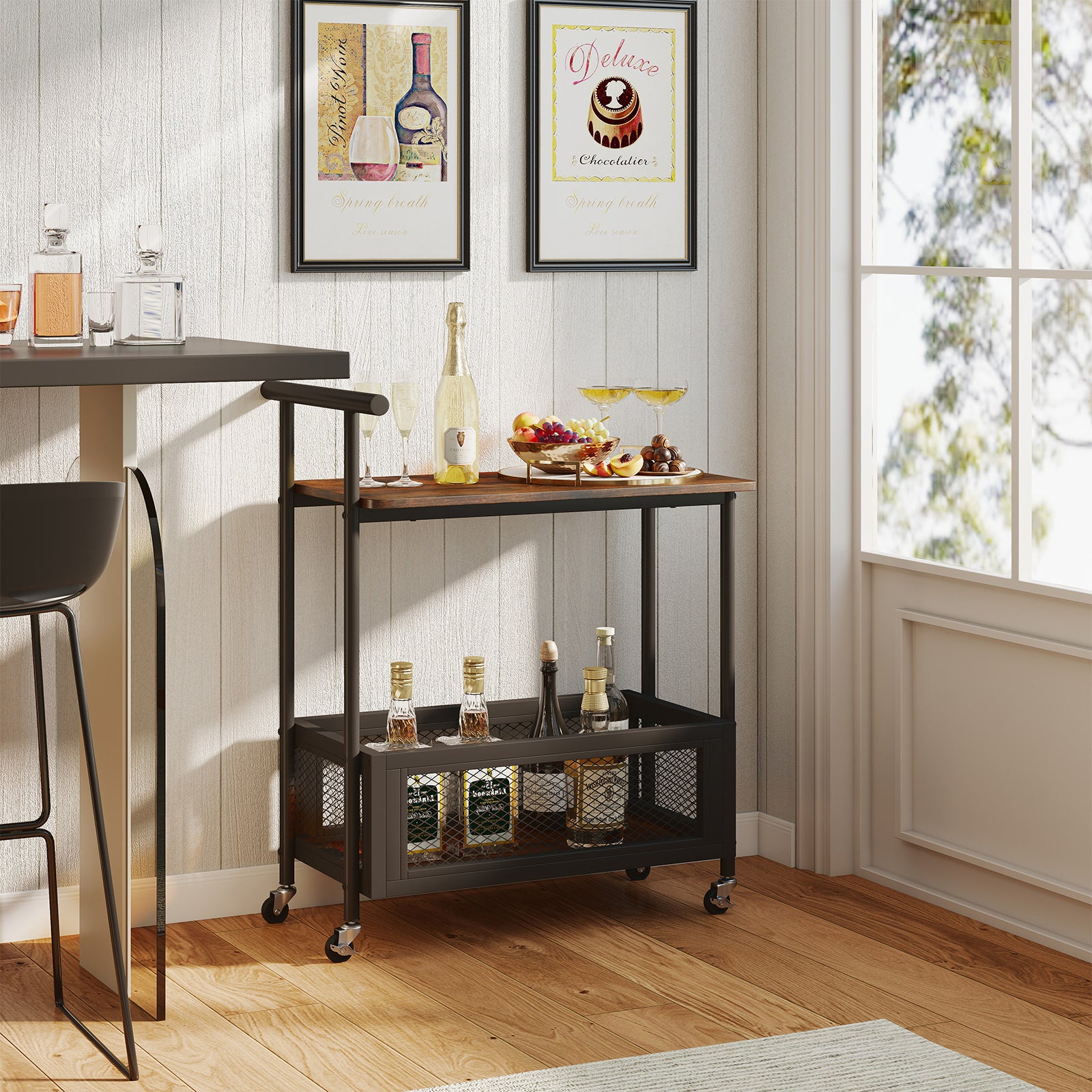 Rolling End Table with Handle 2-Tier Sofa Side Table with Open Shelf-Rustic Brown