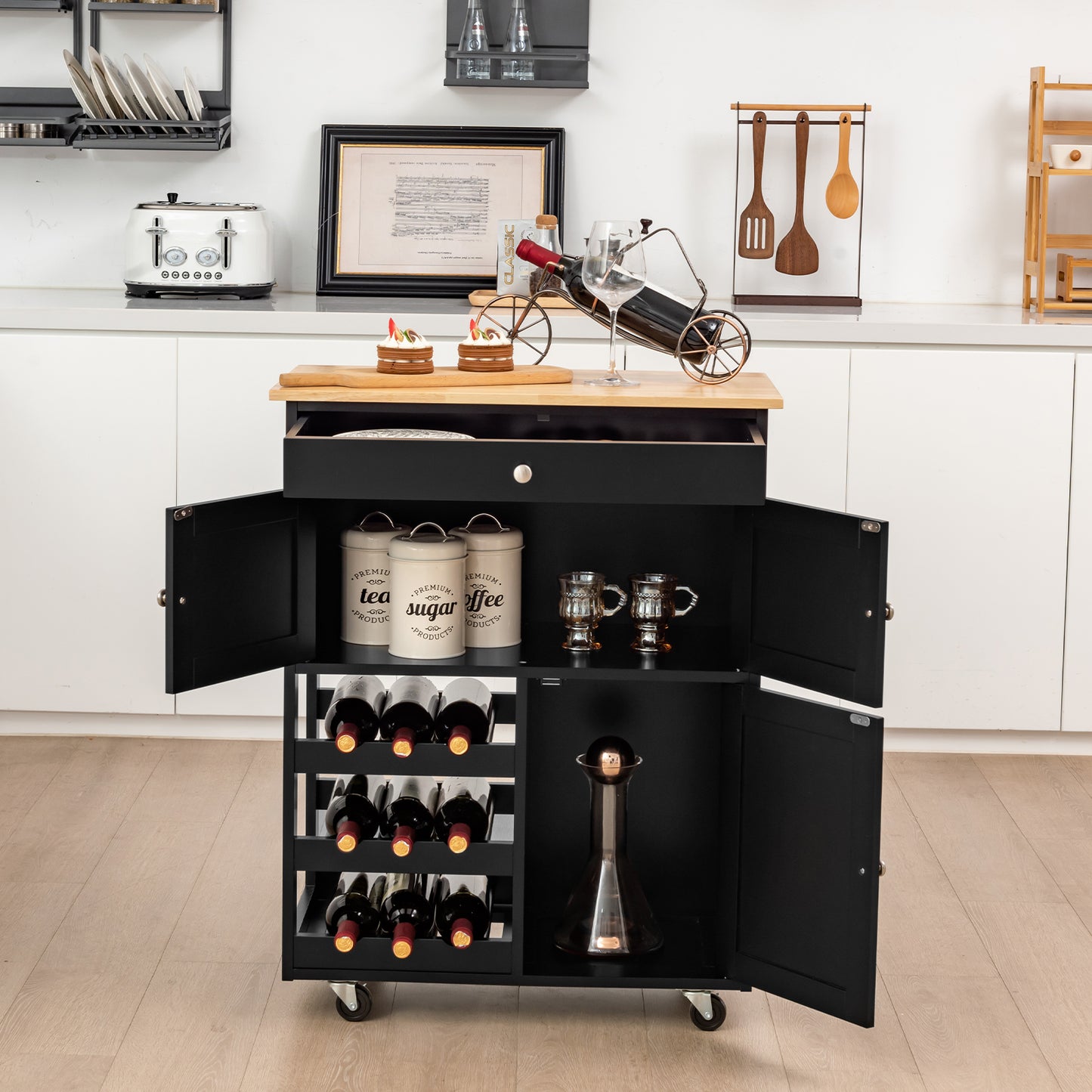 Rolling Kitchen Cart with 3 Tier Wine Racks and Cupboards-Black