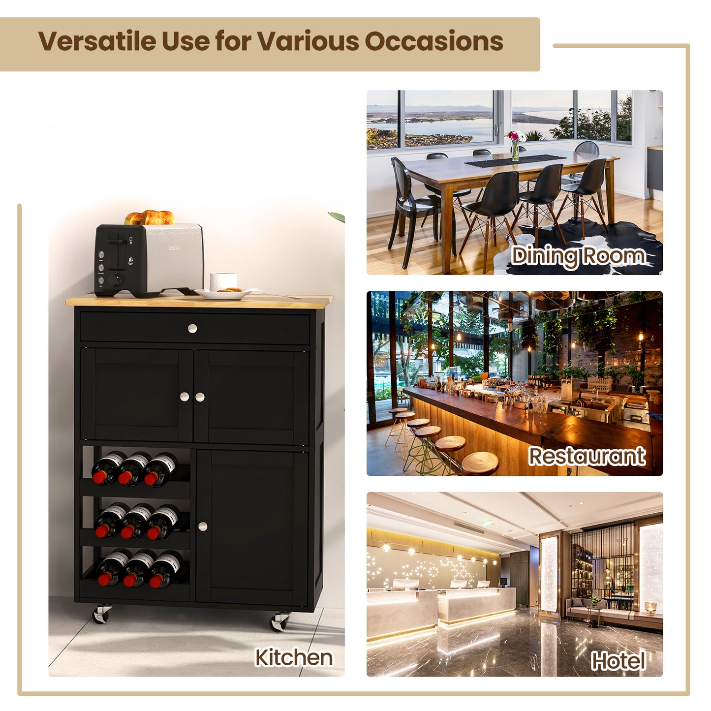 Rolling Kitchen Cart with 3 Tier Wine Racks and Cupboards-Black