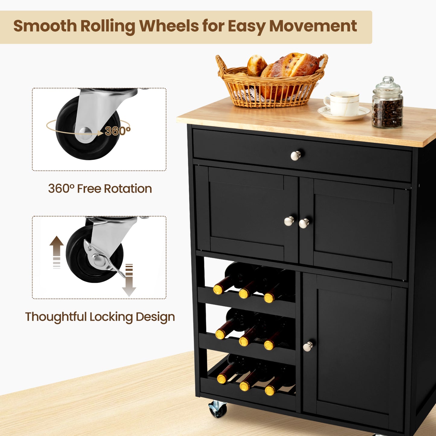 Rolling Kitchen Cart with 3 Tier Wine Racks and Cupboards-Black