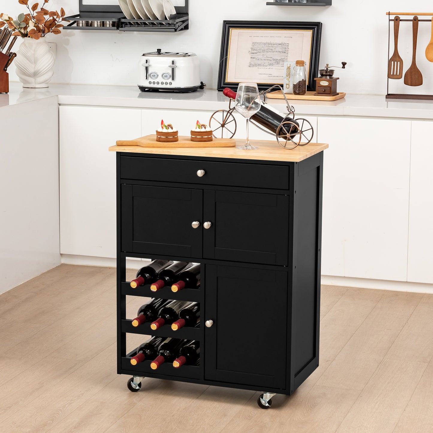 Rolling Kitchen Cart with 3 Tier Wine Racks and Cupboards-Black