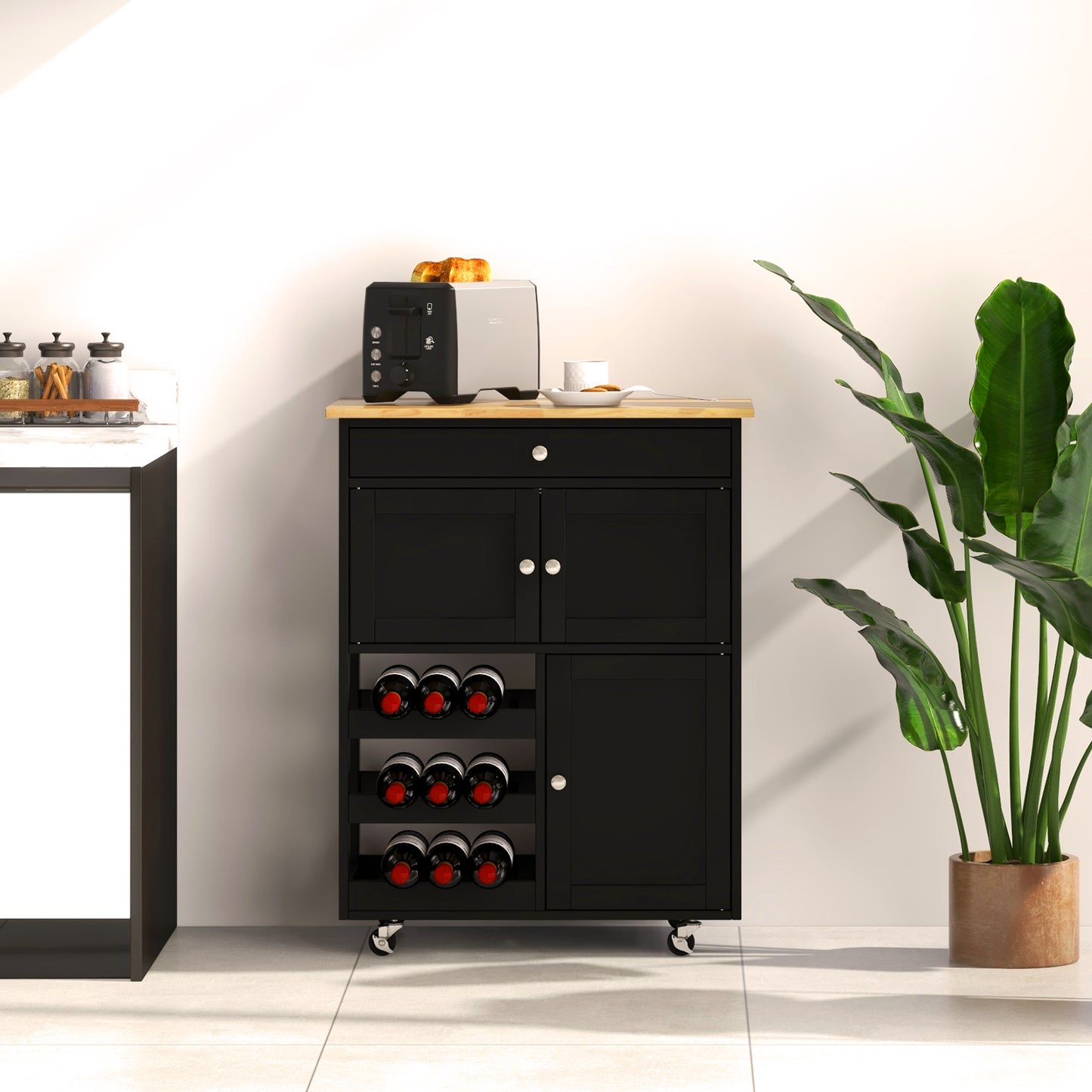 Rolling Kitchen Cart with 3 Tier Wine Racks and Cupboards-Black