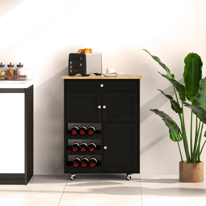 Rolling Kitchen Cart with 3 Tier Wine Racks and Cupboards-Black