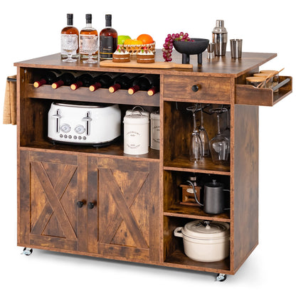 Rolling Kitchen Island Buffet Serving Cart with Drop Leaf-Rustic Brown