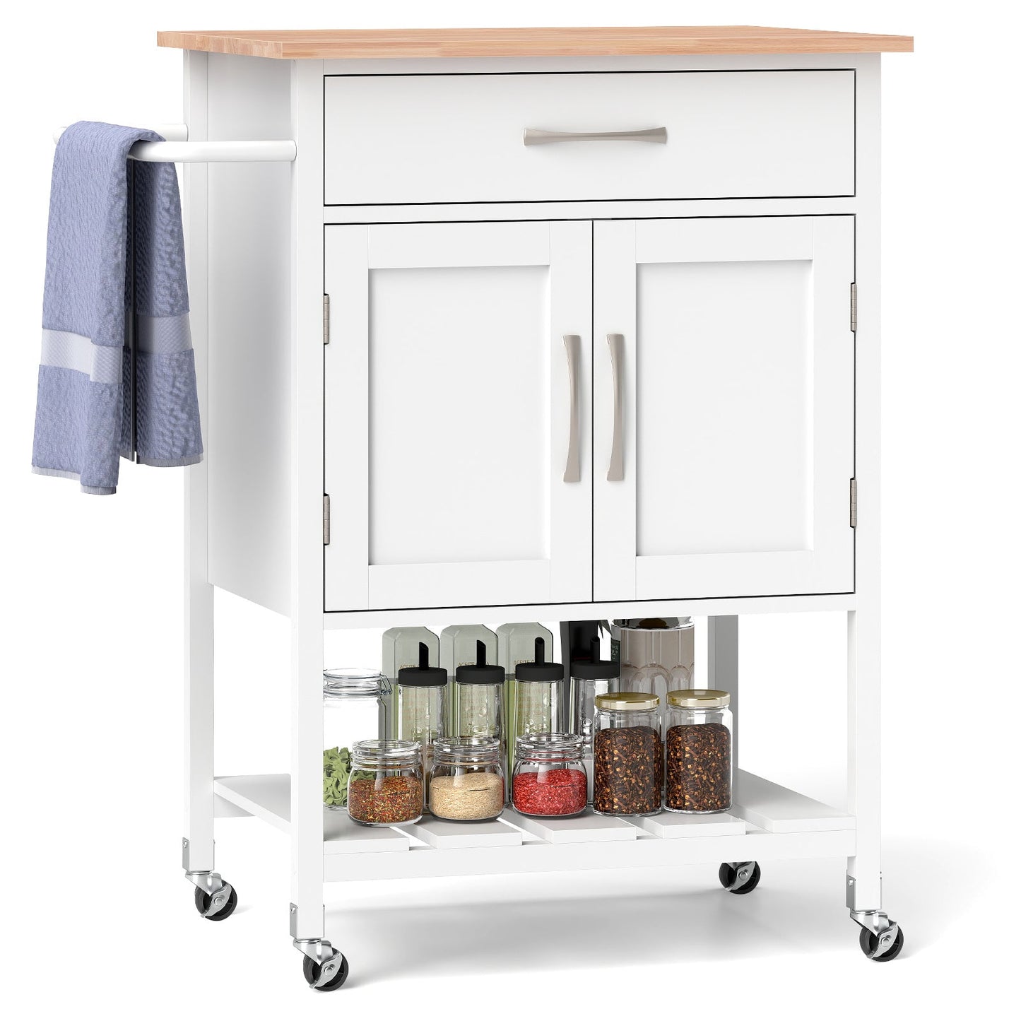 Rolling Kitchen Island Cart with Drawer and 2-Door Storage Cabinet-White