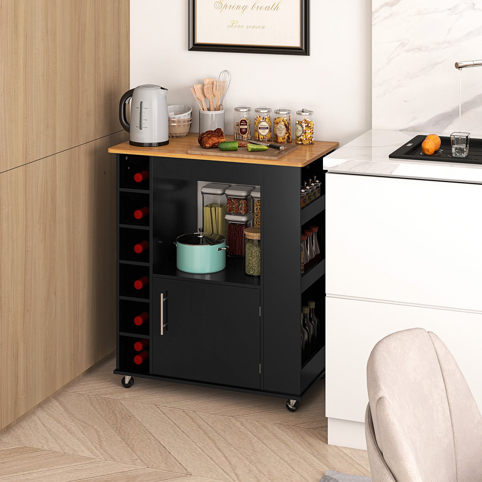Rolling Kitchen Island with Storage and Towel Rack-Black