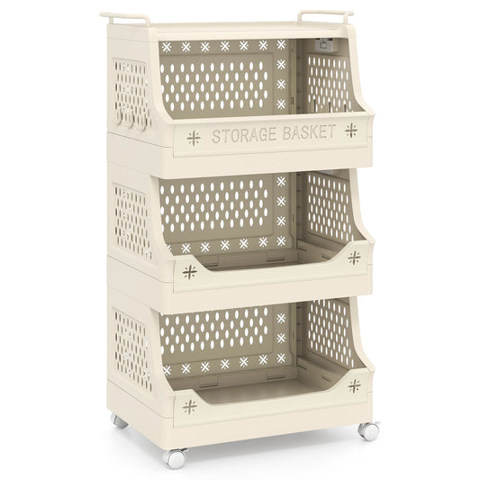 3/4/5/6 Tier Rolling Laundry Basket with Wheels and Handles for Laundry Room-Beige-4-Tier