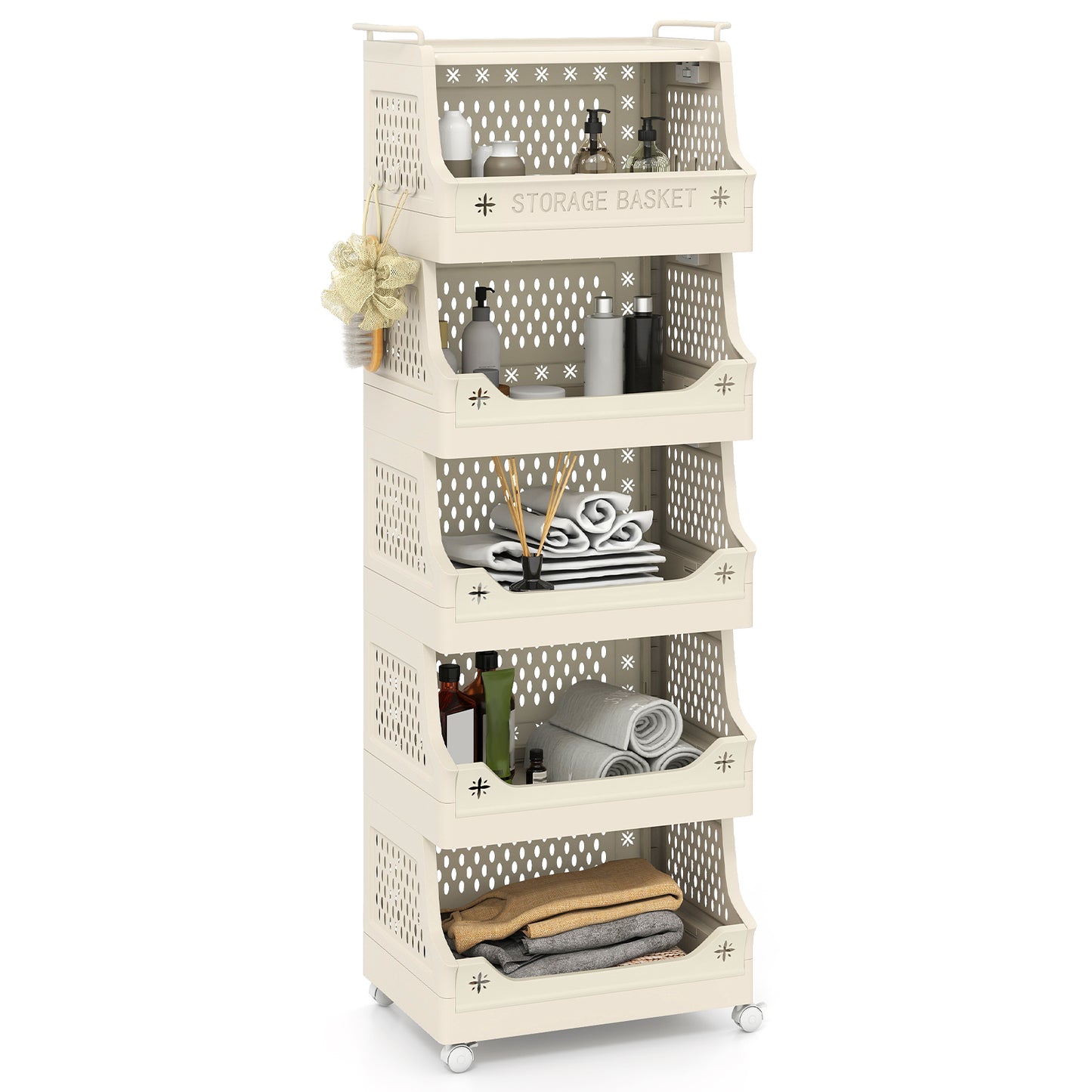 3/4/5/6 Tier Rolling Laundry Basket with Wheels and Handles for Laundry Room-Beige-6-Tier