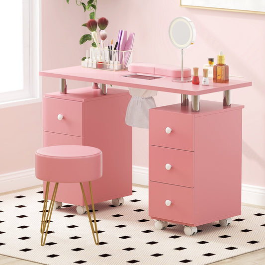 Manicure Table Nail Desk with Electric Dust Collector-Pink