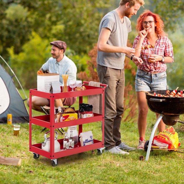 3 Shelf Rolling Metal Utility Cart with Ergonomic Handle-Red