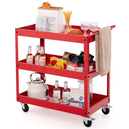 3 Shelf Rolling Metal Utility Cart with Ergonomic Handle-Red