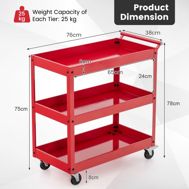 3 Shelf Rolling Metal Utility Cart with Ergonomic Handle-Red