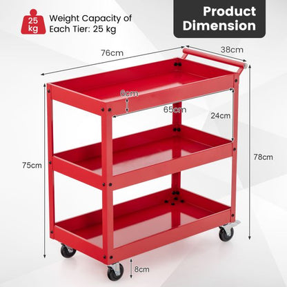 3 Shelf Rolling Metal Utility Cart with Ergonomic Handle-Red