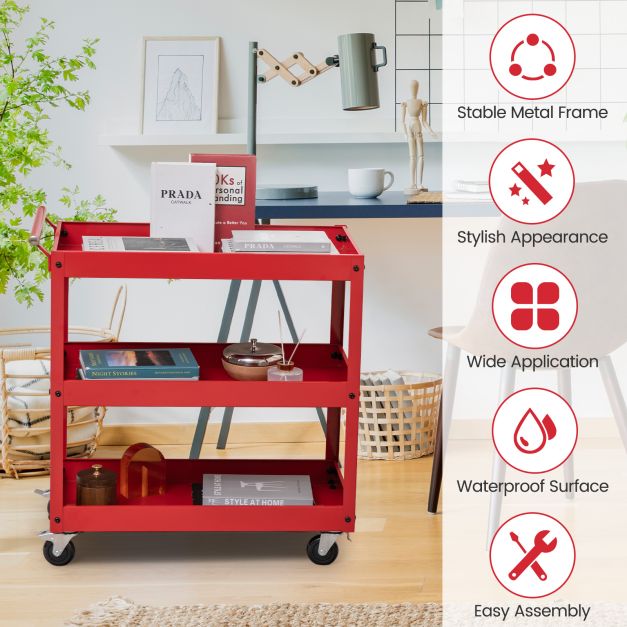 3 Shelf Rolling Metal Utility Cart with Ergonomic Handle-Red