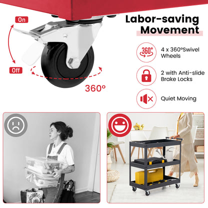 3 Shelf Rolling Metal Utility Cart with Ergonomic Handle-Red