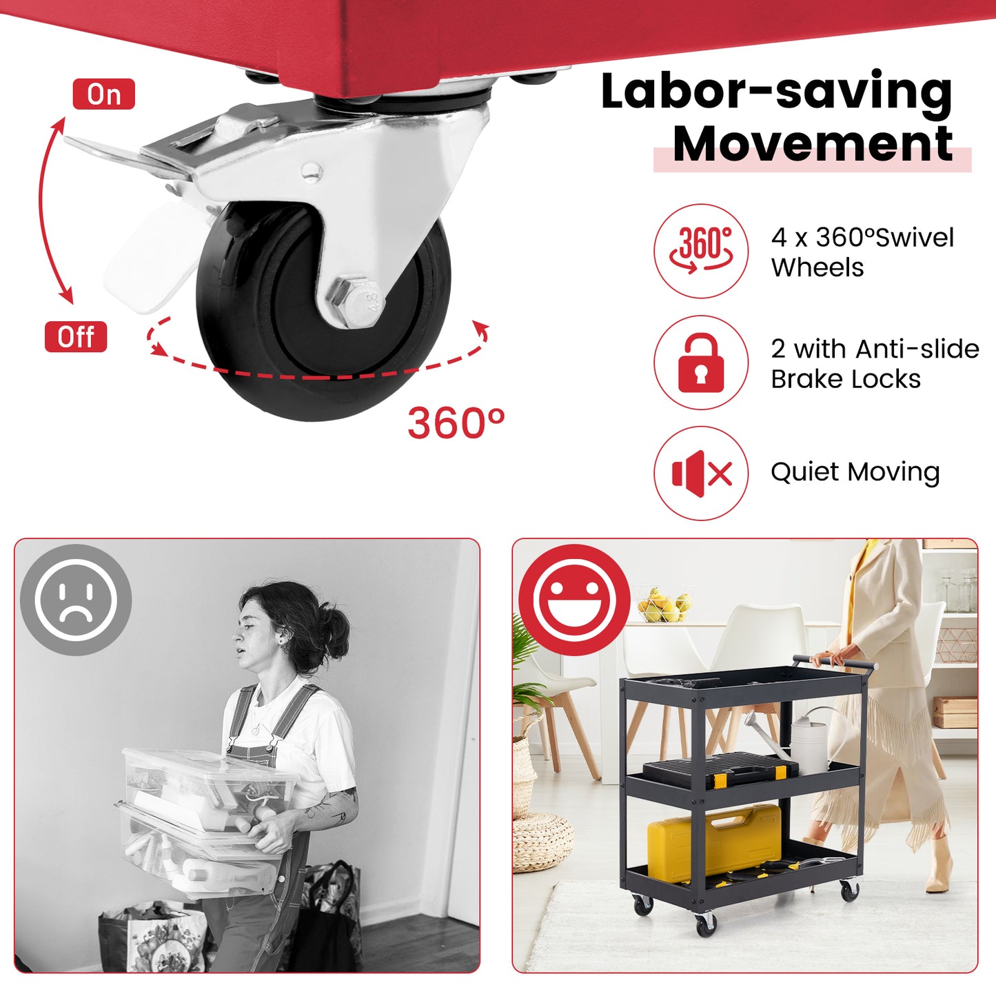 3 Shelf Rolling Metal Utility Cart with Ergonomic Handle-Red