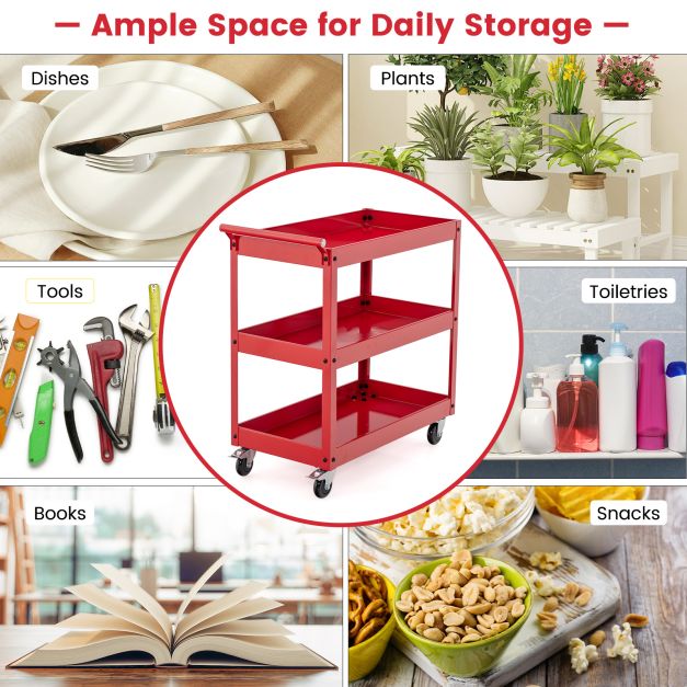 3 Shelf Rolling Metal Utility Cart with Ergonomic Handle-Red