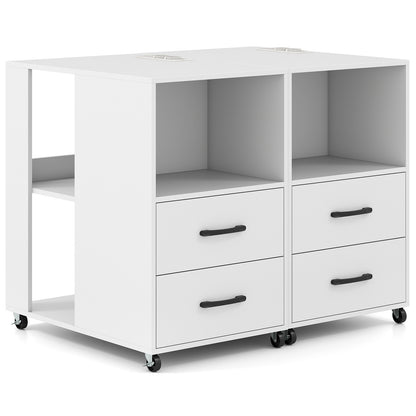 Rolling Nightstand with Storage Drawers and Shelves for Bedroom-White