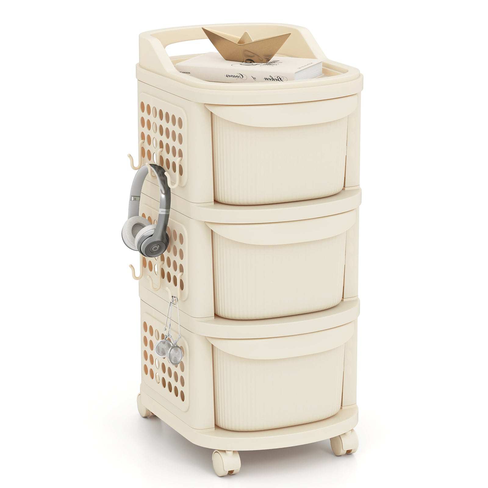 3-Drawer Rolling Plastic Utility Cart with 6 Hooks and Pegboard-White