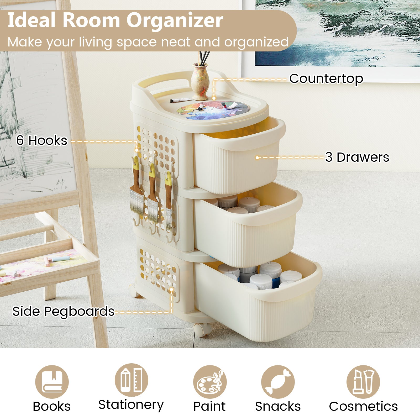 3-Drawer Rolling Plastic Utility Cart with 6 Hooks and Pegboard-White