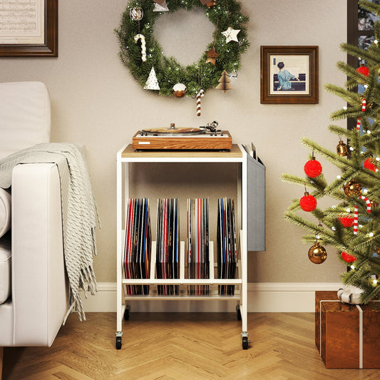 Rolling Record Player Stand with Vinyl Storage and Magazine Holder-Natural