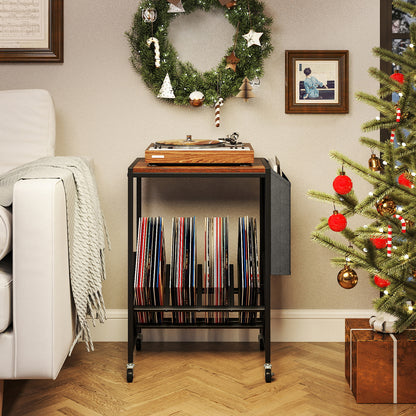 Rolling Record Player Stand with Vinyl Storage and Magazine Holder-Rustic Brown