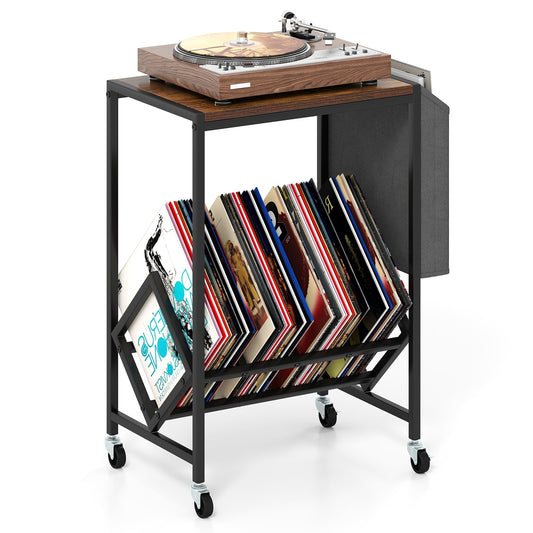 Rolling Record Player Stand with Vinyl Storage and Magazine Holder-Rustic Brown