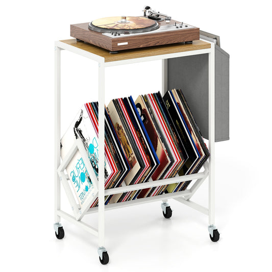 Rolling Record Player Stand with Vinyl Storage and Magazine Holder-Natural
