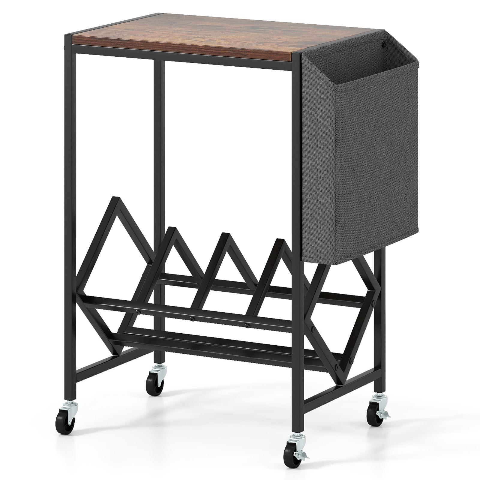 Rolling Record Player Stand with Vinyl Storage and Magazine Holder-Rustic Brown