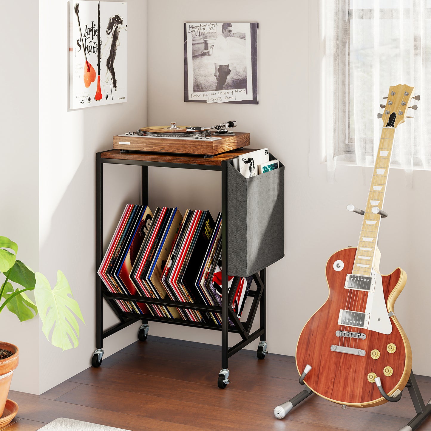 Rolling Record Player Stand with Vinyl Storage and Magazine Holder-Rustic Brown
