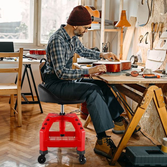 Rolling Seat Mechanic Stool Chair Height Adjustable with Tool Tray-Red