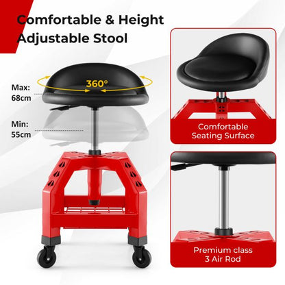 Rolling Seat Mechanic Stool Chair Height Adjustable with Tool Tray-Red