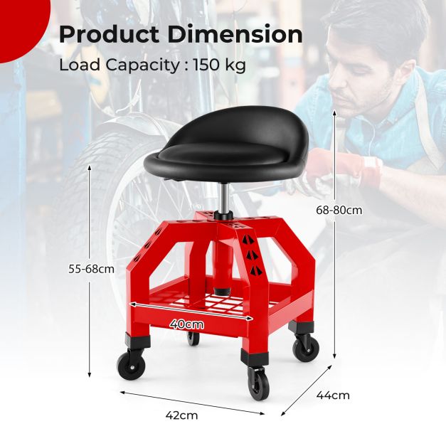 Rolling Seat Mechanic Stool Chair Height Adjustable with Tool Tray-Red
