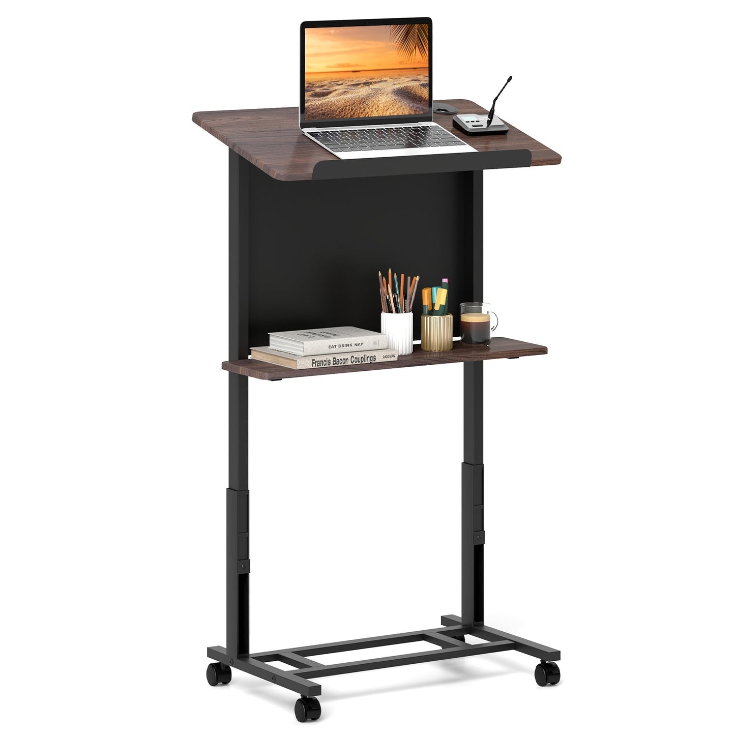 Rolling Podium Stand Height Adjustable Lectern Table with Tilted Tabletop-Black