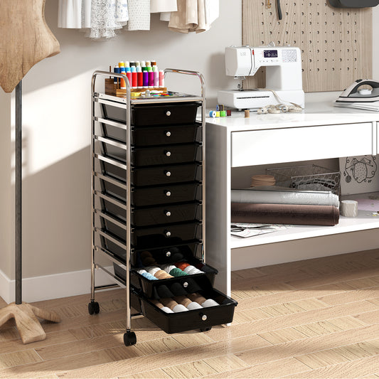 10-Drawer Rolling Storage Cart with Lockable Wheels and Removable Drawers-Black