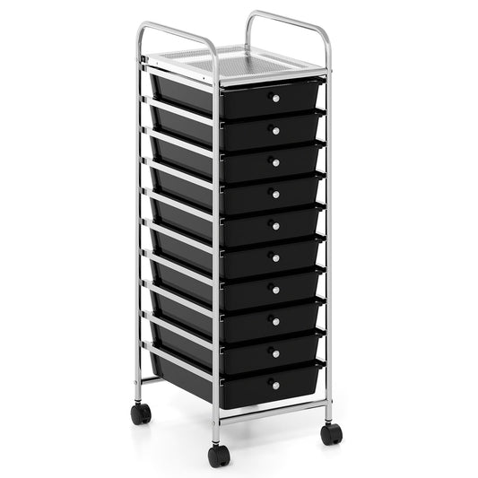 10-Drawer Rolling Storage Cart with Lockable Wheels and Removable Drawers-Black