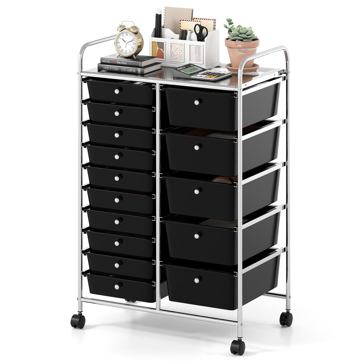 15-Drawer Rolling Storage Cart with Lockable Wheels and Removable Drawers-Black
