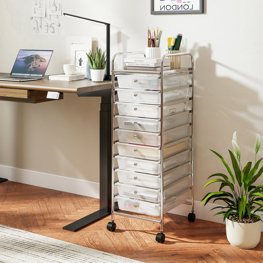 10-Drawer Rolling Storage Cart with Lockable Wheels and Removable Drawers-White