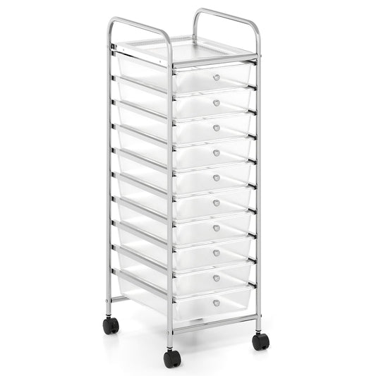 10-Drawer Rolling Storage Cart with Lockable Wheels and Removable Drawers-White