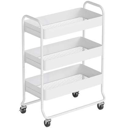 HOMCOM 3-Tier Storage Trolley on Wheels, Rolling Utility Cart with Mesh Backets for Kitchen, Bathroom, Bedroom, White