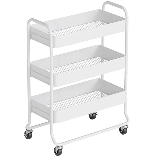 HOMCOM 3-Tier Storage Trolley on Wheels, Rolling Utility Cart with Mesh Backets for Kitchen, Bathroom, Bedroom, White