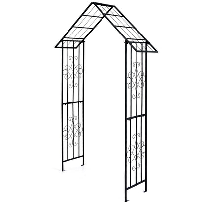 Roof-shaped Top Garden Arbor Garden Trellis Pergola with Side Crossbars-Black