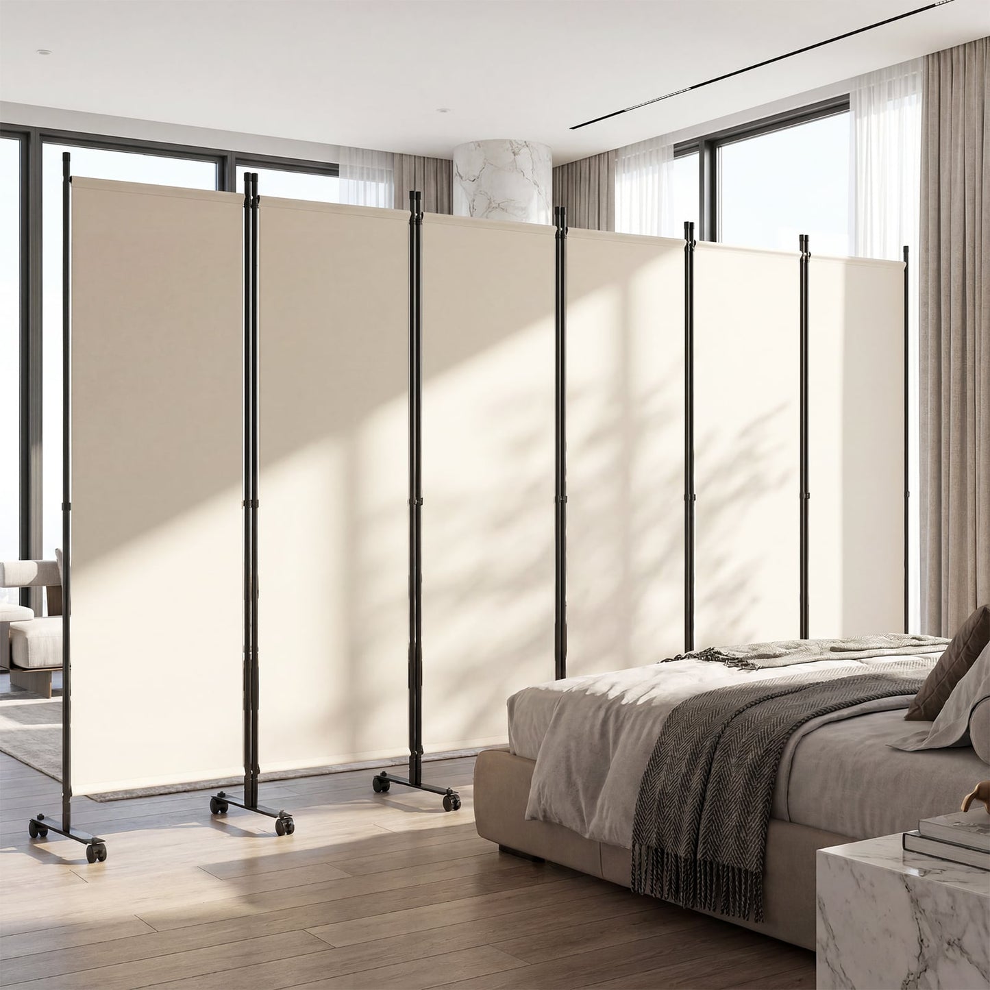 Room Divider 6-Panel Folding Privacy Screen with Lockable Rolling Wheels-Beige