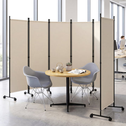 Room Divider 6-Panel Folding Privacy Screen with Lockable Rolling Wheels-Beige