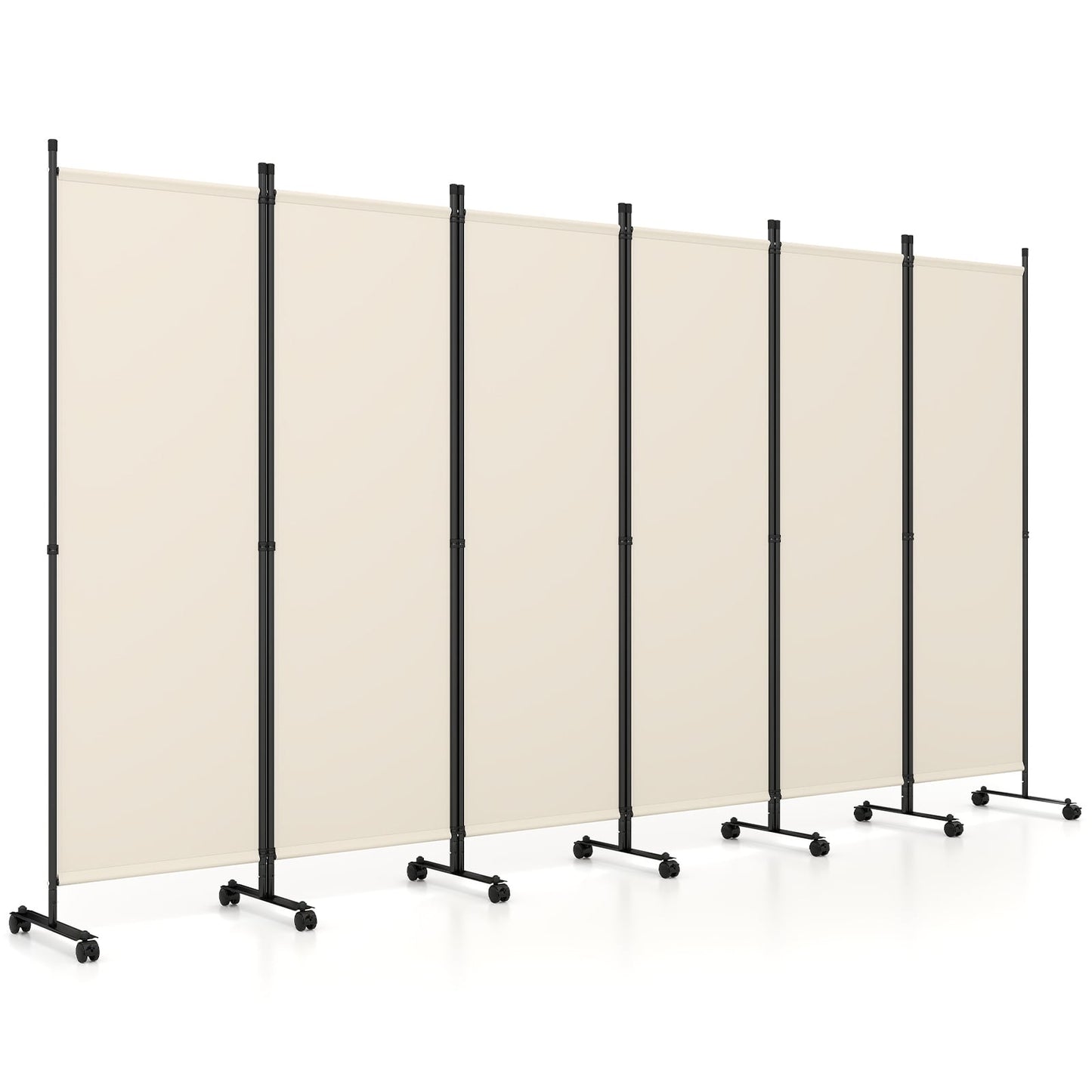 Room Divider 6-Panel Folding Privacy Screen with Lockable Rolling Wheels-Beige